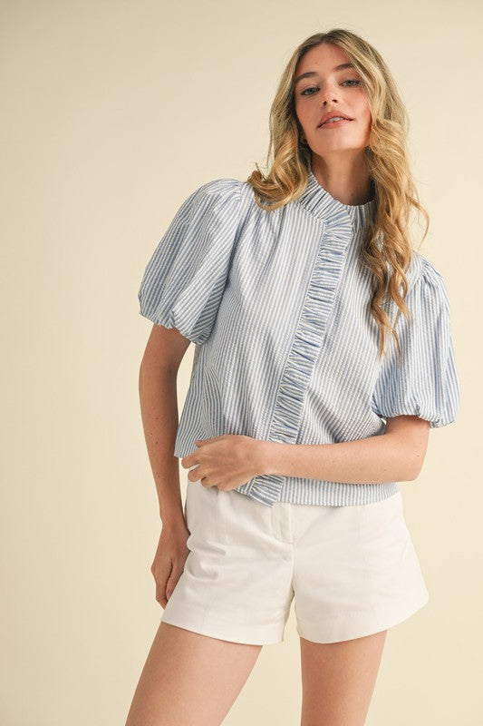 Chambray Ruffle Striped Top