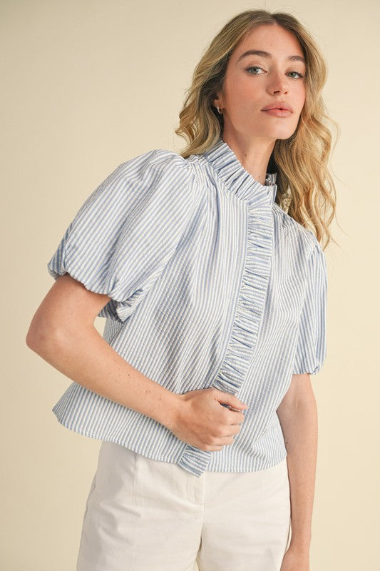 Chambray Ruffle Striped Top