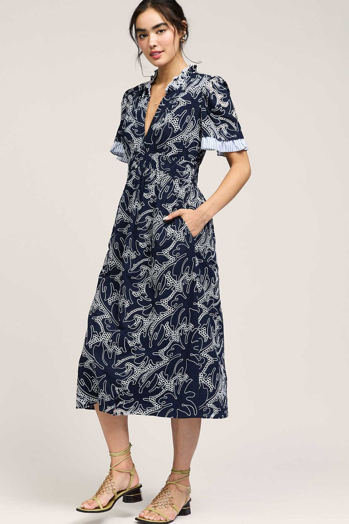 Navy Embroidered Tropical Dress