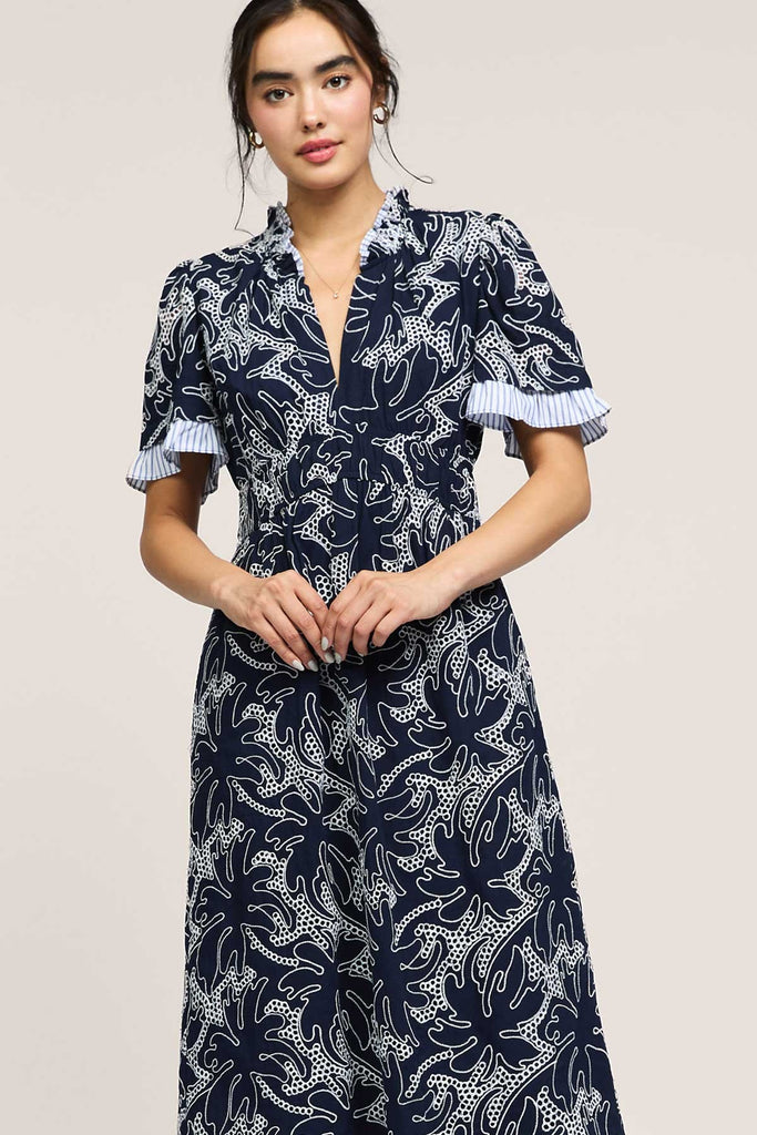 Navy Embroidered Tropical Dress