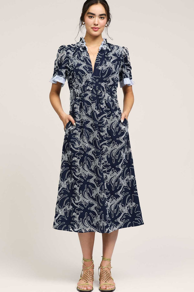 Navy Embroidered Tropical Dress