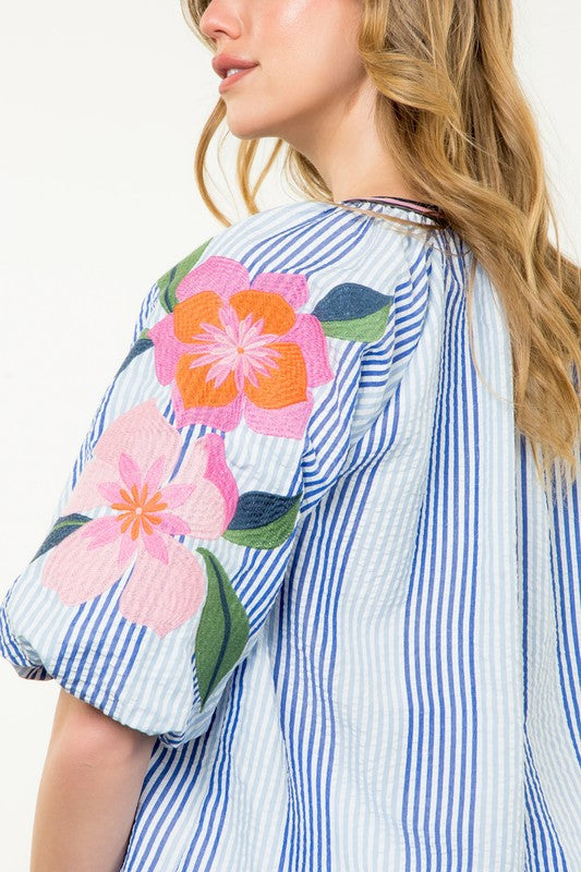 Chambray Striped Embroidered Top