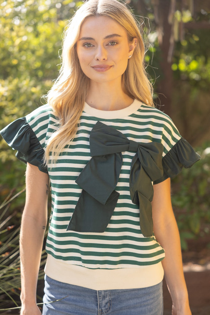 Green Stripe Bow Top