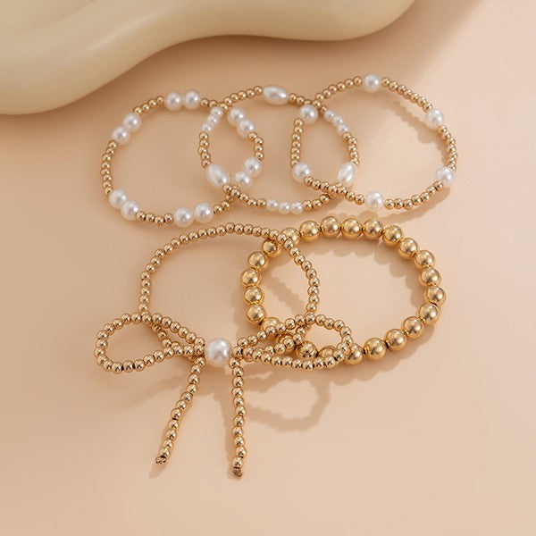 Pearl Beaded Bow Bracelet Stack