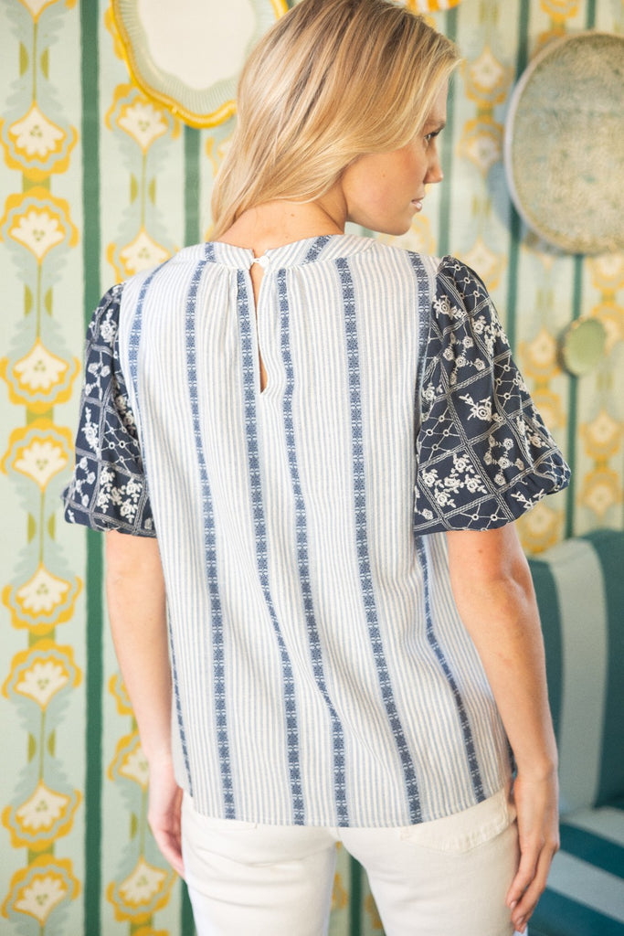 Navy Embroidered Stripe Top