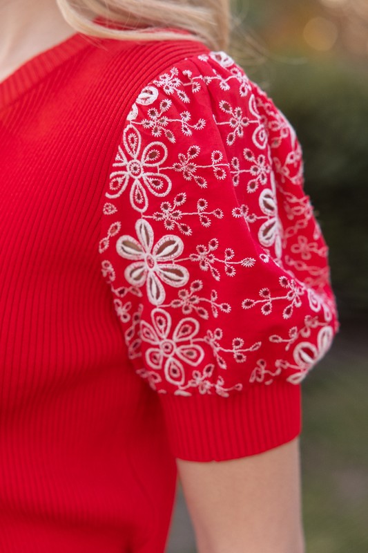 Red Embroidered Sleeve Top