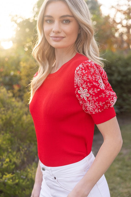 Red Embroidered Sleeve Top