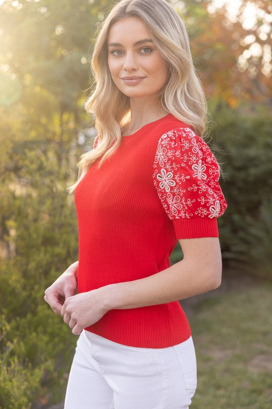 Red Embroidered Sleeve Top