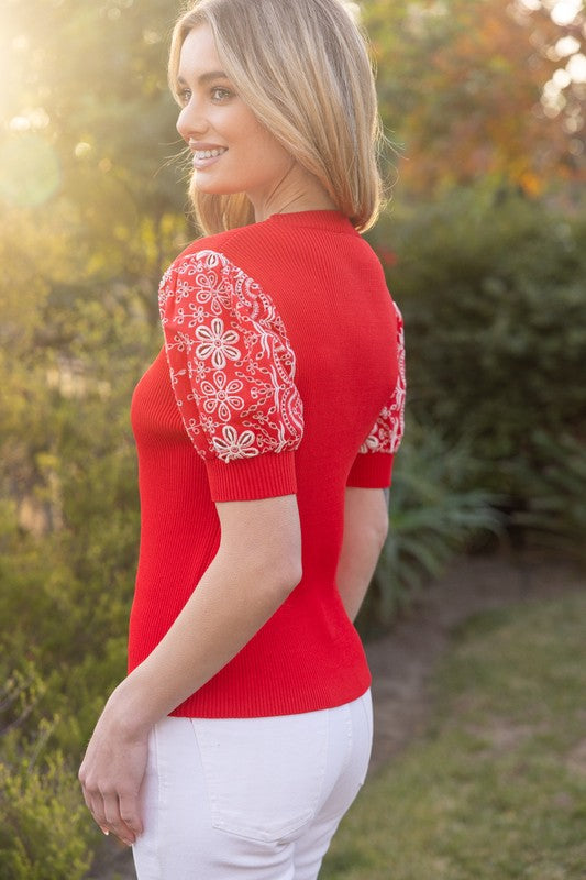 Red Embroidered Sleeve Top