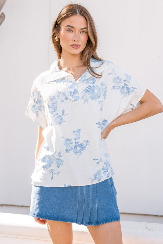 Blue Watercolor Floral Top