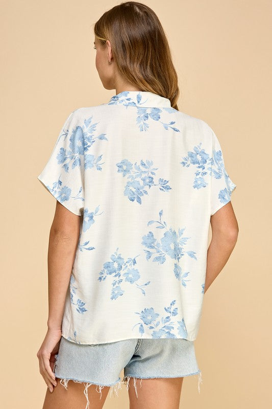 Blue Watercolor Floral Top