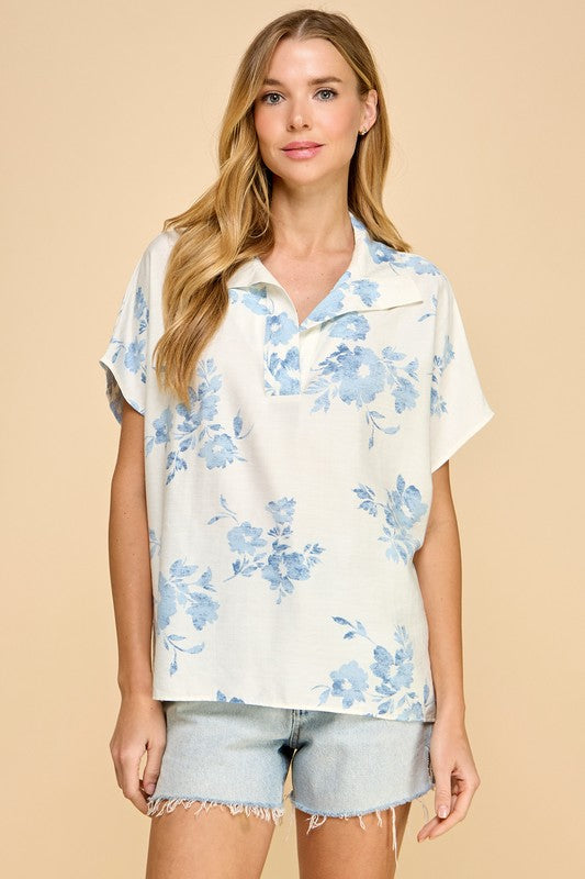 Blue Watercolor Floral Top