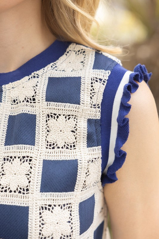Navy Check Crochet Tank