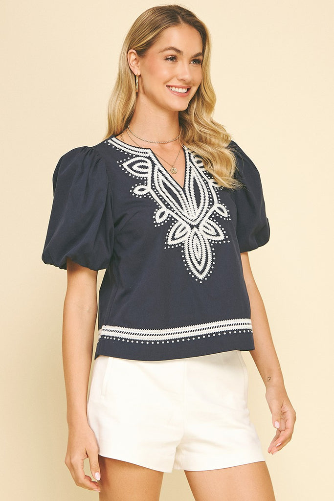 Navy Embroidered Flourish Top