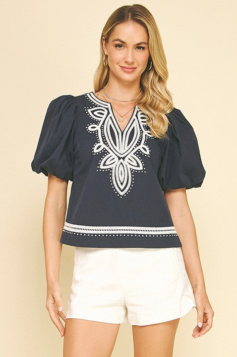 Navy Embroidered Flourish Top