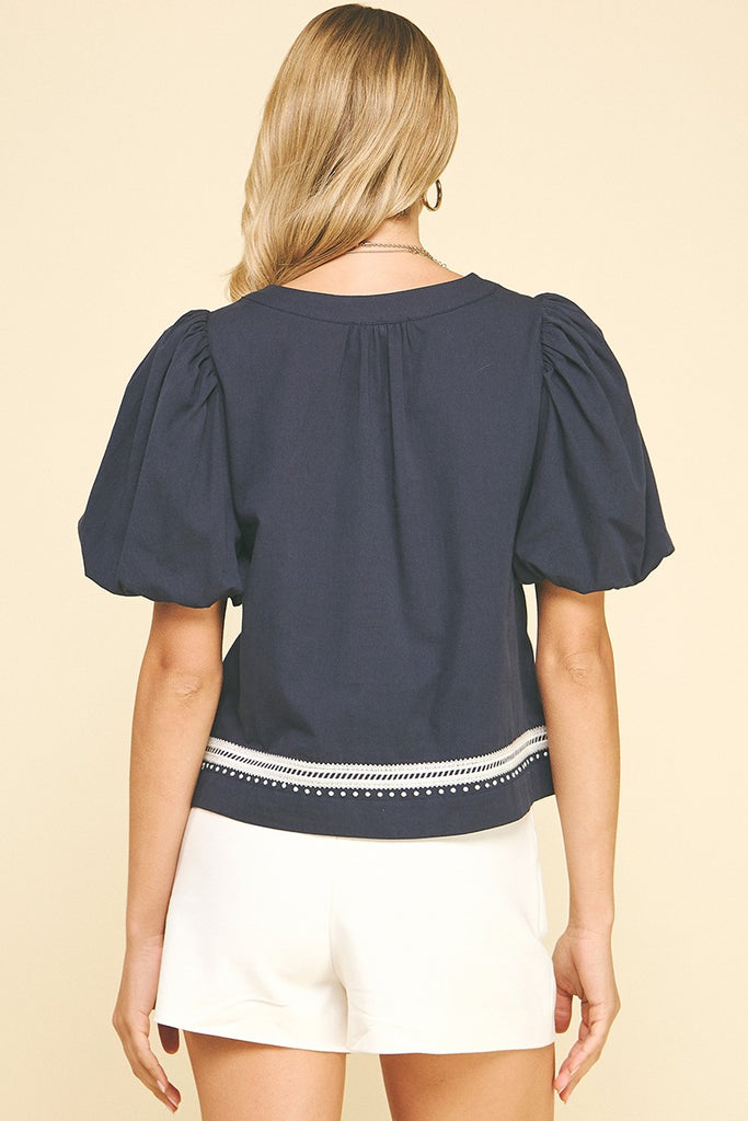 Navy Embroidered Flourish Top