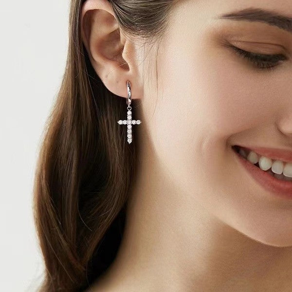 Pave Cross Hoop Earrings