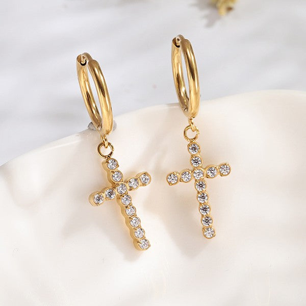 Pave Cross Hoop Earrings