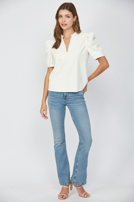 Cream Faux Leather Puff Sleeve Top