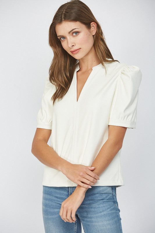 Cream Faux Leather Puff Sleeve Top