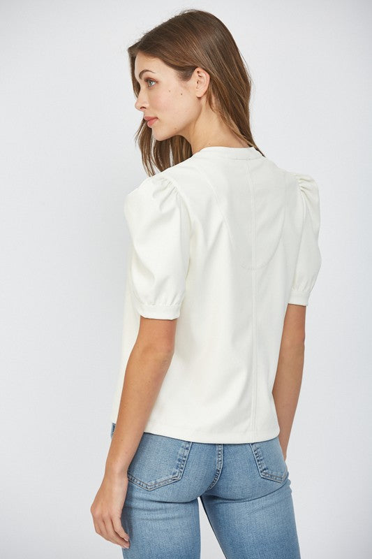 Cream Faux Leather Puff Sleeve Top
