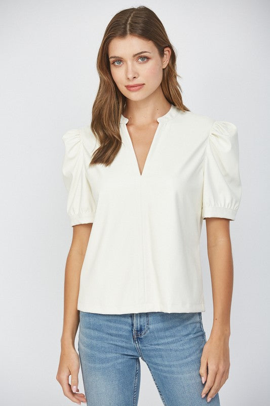 Cream Faux Leather Puff Sleeve Top