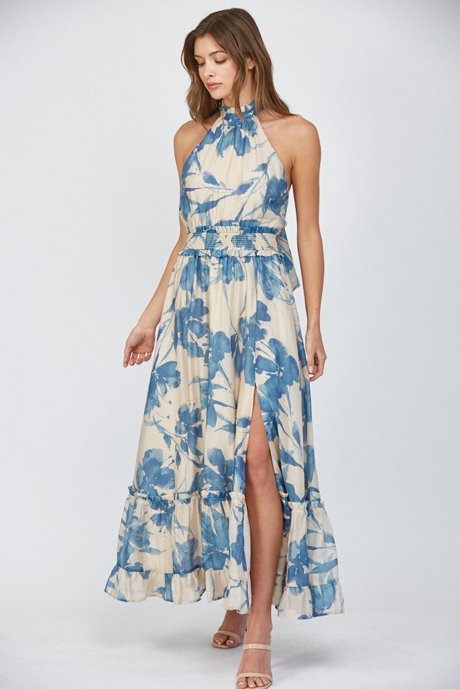 FATE Bold Floral Print Halter Maxi Dress in Cream/Blue M FATE Bold Floral Print Halter Maxi Dress in Cream/Blue M