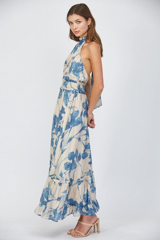 Blue Floral Halter Dress