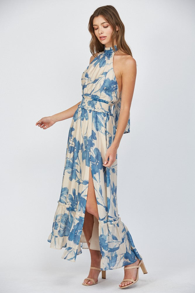 Blue Floral Halter Dress