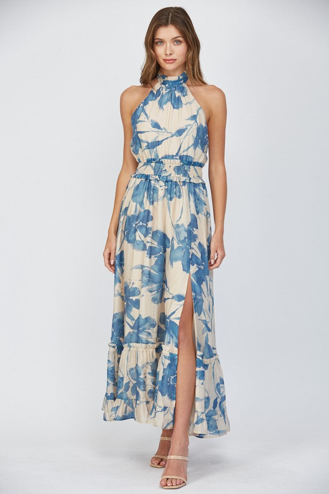 FATE Bold Floral Print Halter Maxi Dress in Cream/Blue M FATE Bold Floral Print Halter Maxi Dress in Cream/Blue M