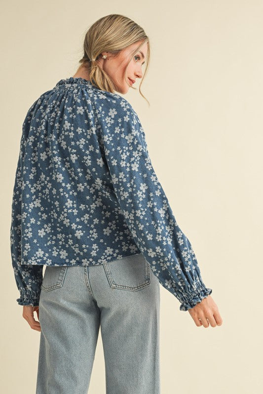 Floral Denim Ruffle Top