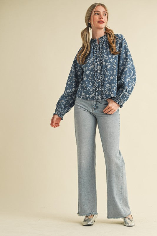 Floral Denim Ruffle Top