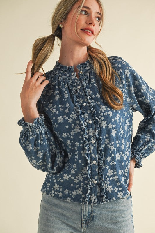 Floral Denim Ruffle Top