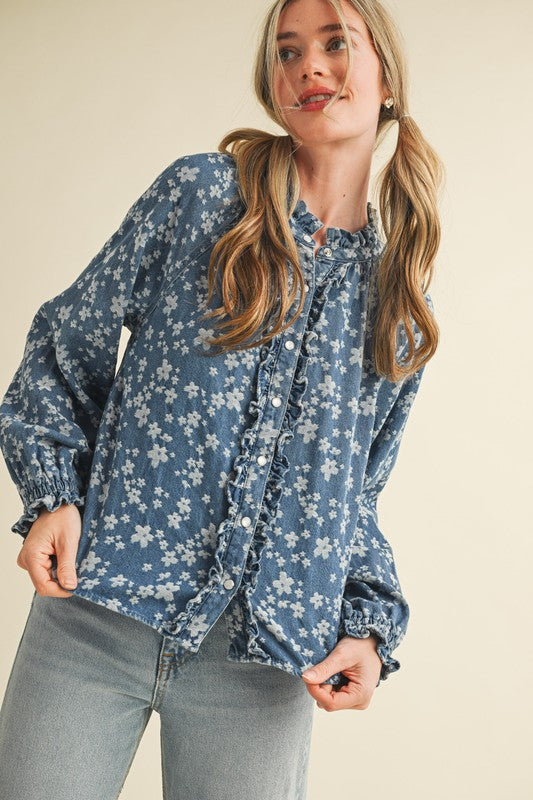 Floral Denim Ruffle Top
