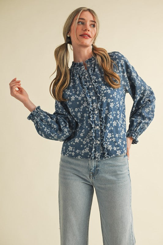 Floral Denim Ruffle Top