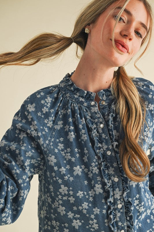 Floral Denim Ruffle Top