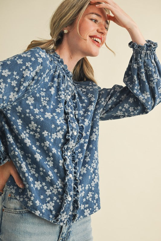 Floral Denim Ruffle Top