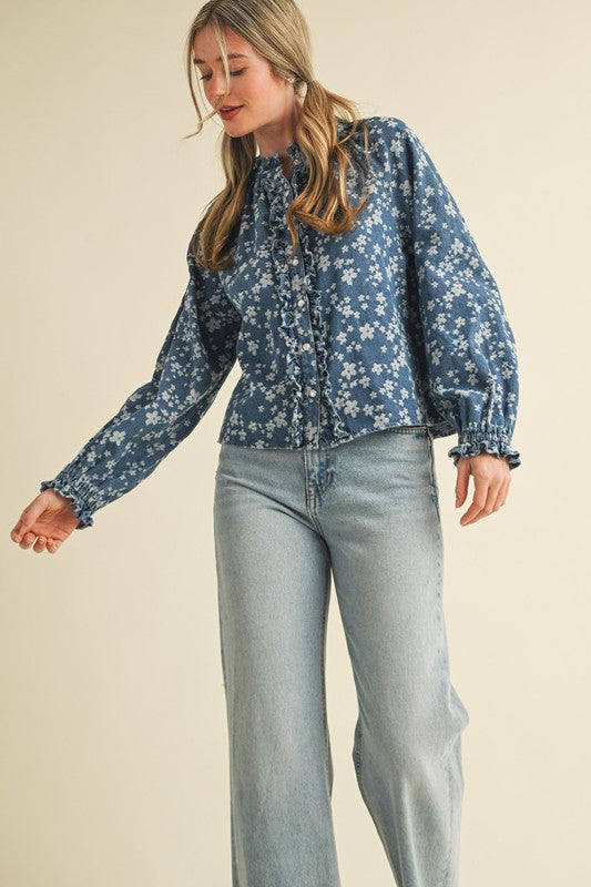 Floral Denim Ruffle Top