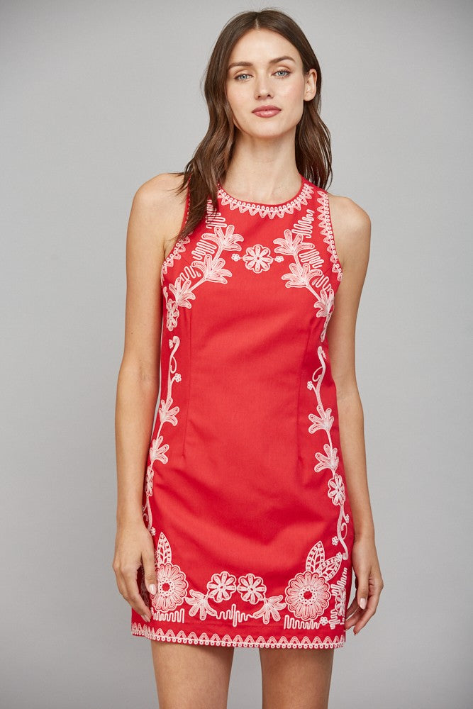 Red Floral Embroidered Dress Large Red Floral Embroidered Dress Large