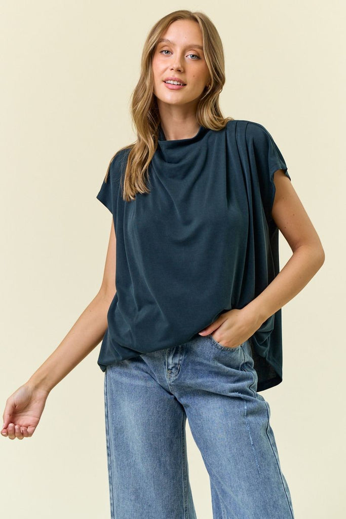 Navy Draped Shoulder Top