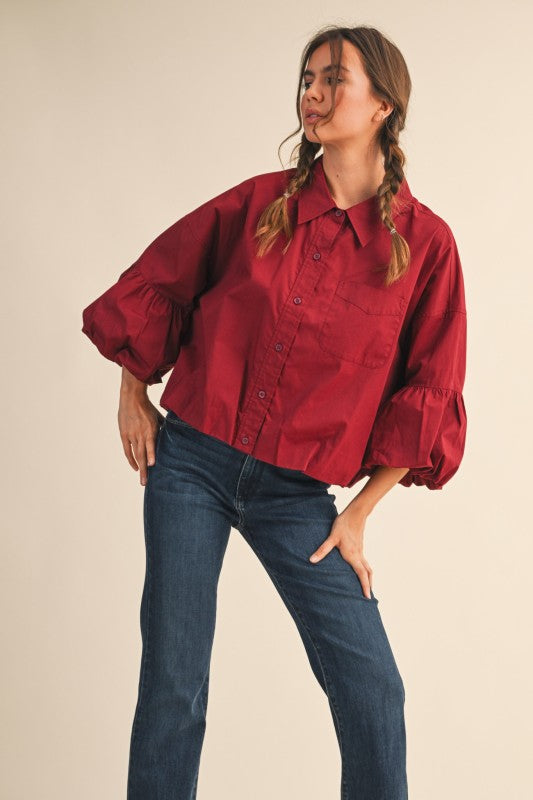 Button Down Bubble Sleeve Top