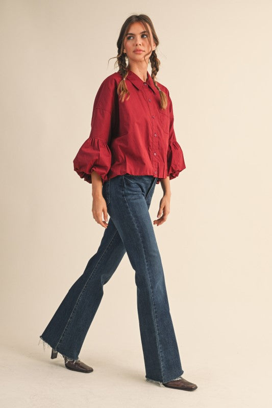 Button Down Bubble Sleeve Top