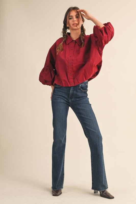 Button Down Bubble Sleeve Top