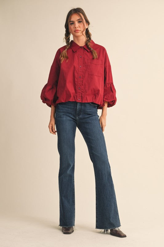 Button Down Bubble Sleeve Top