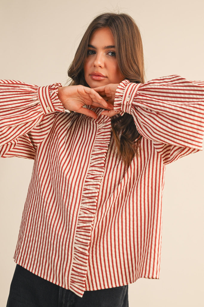 Rust Stripe Ruffle Top