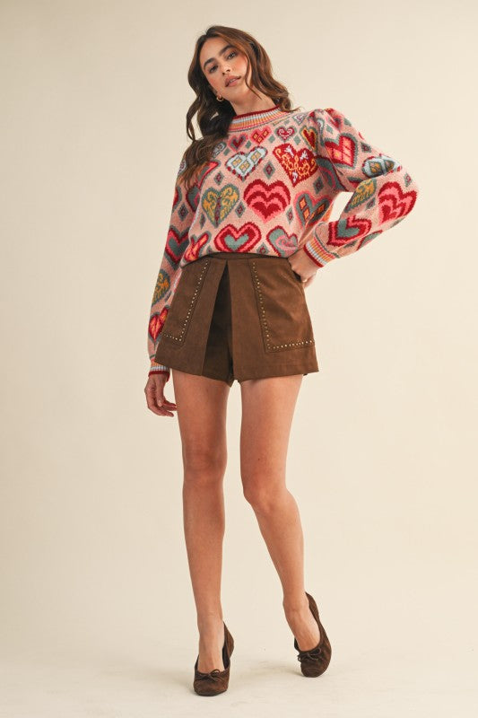 Brown Studded Faux Suede Skort