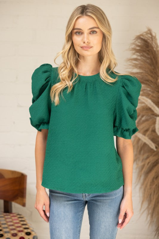Green Textured Puff Sleeve Top