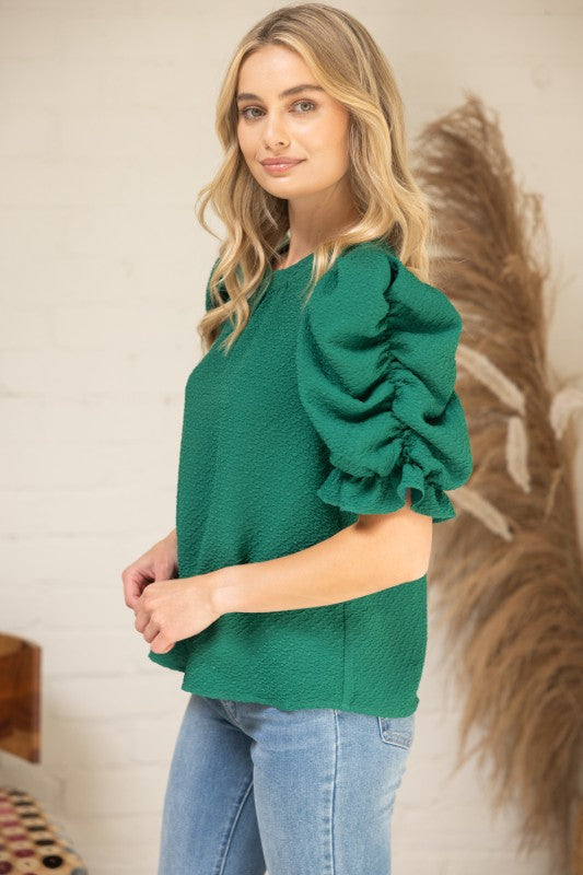 Green Textured Puff Sleeve Top