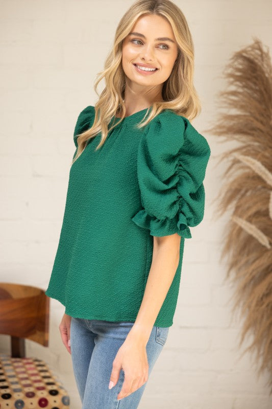 Green Textured Puff Sleeve Top