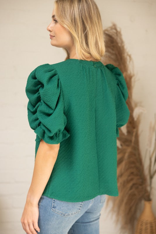 Green Textured Puff Sleeve Top